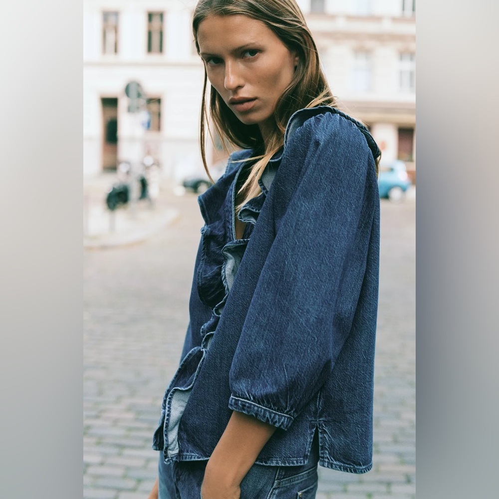 Zara Denim Ruffle Shirt - Picture 5 of 11